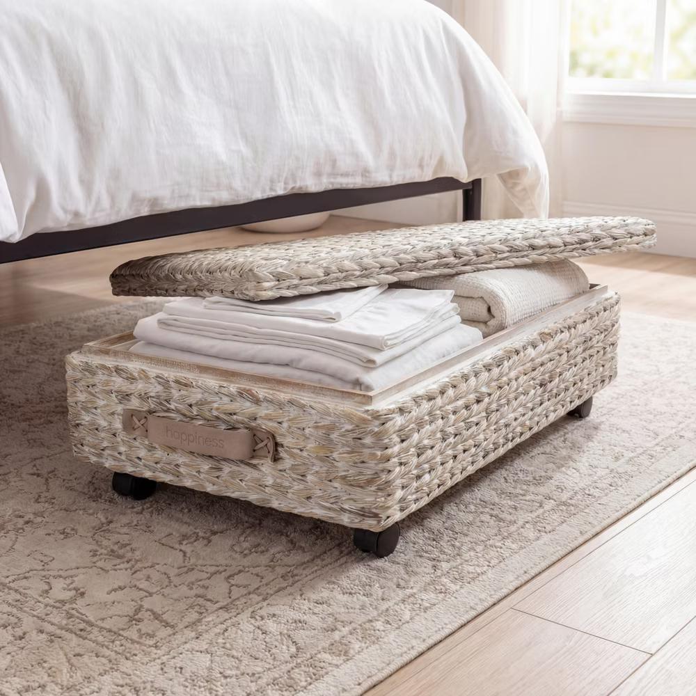happimess Chett Minimalist Hand-Woven Hyacinth/Wood Underbed Storage Bin with Wheels and Handles - Image 33