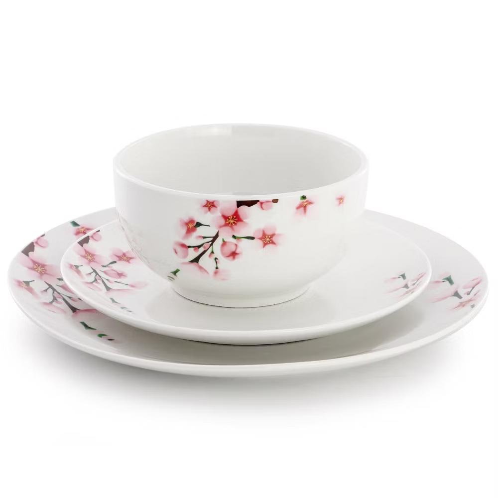 Tamara Cherry Blossom Porcelain Dinnerware Set in White and Pink - Image 3