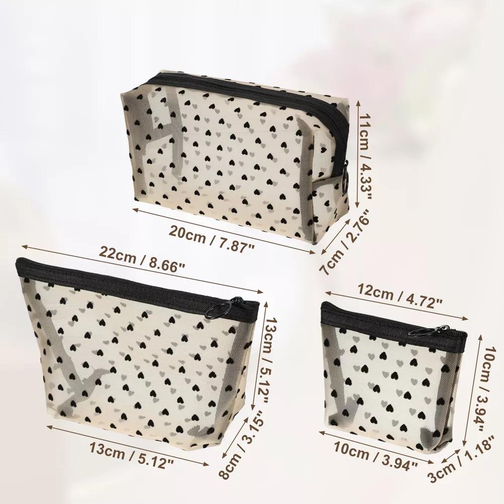 Nylon Heart Shape Print Mesh Clear Makeup Bags 3 Pcs - Image 3