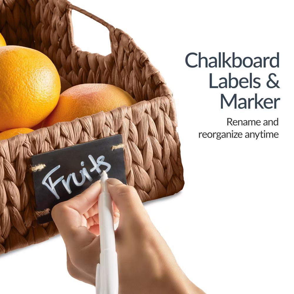 Hyacinth Angled Pantry Storage Baskets W/ Handles, Chalkboard & Marker - Image 4