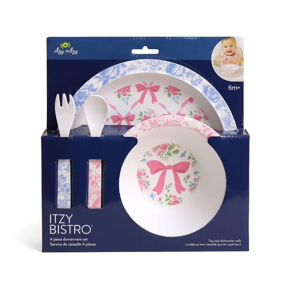 4pc Melamine Itzy Bistro Toddler Feeding Dining Set, Plate, Bowl, Fork and Spoon - Image 3