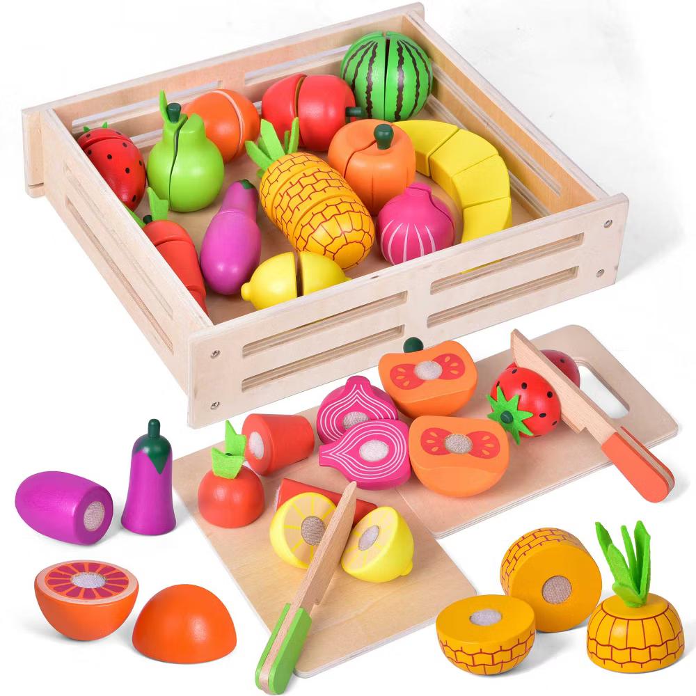 35Pcs Wooden Cutting Food Play Set with Storage Crate, Pretend Fruit & Veggie Toys, Play Kitchen Accessories for Kids - Image 6