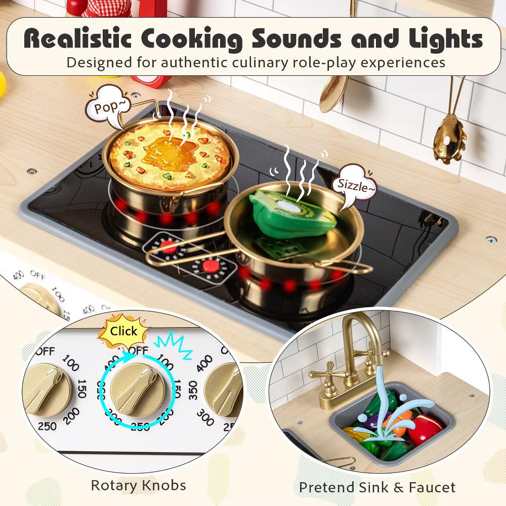 Play Kitchen for Kids, Wooden Kitchen Playset with Realistic Lights & Sounds White/Black - Image 15