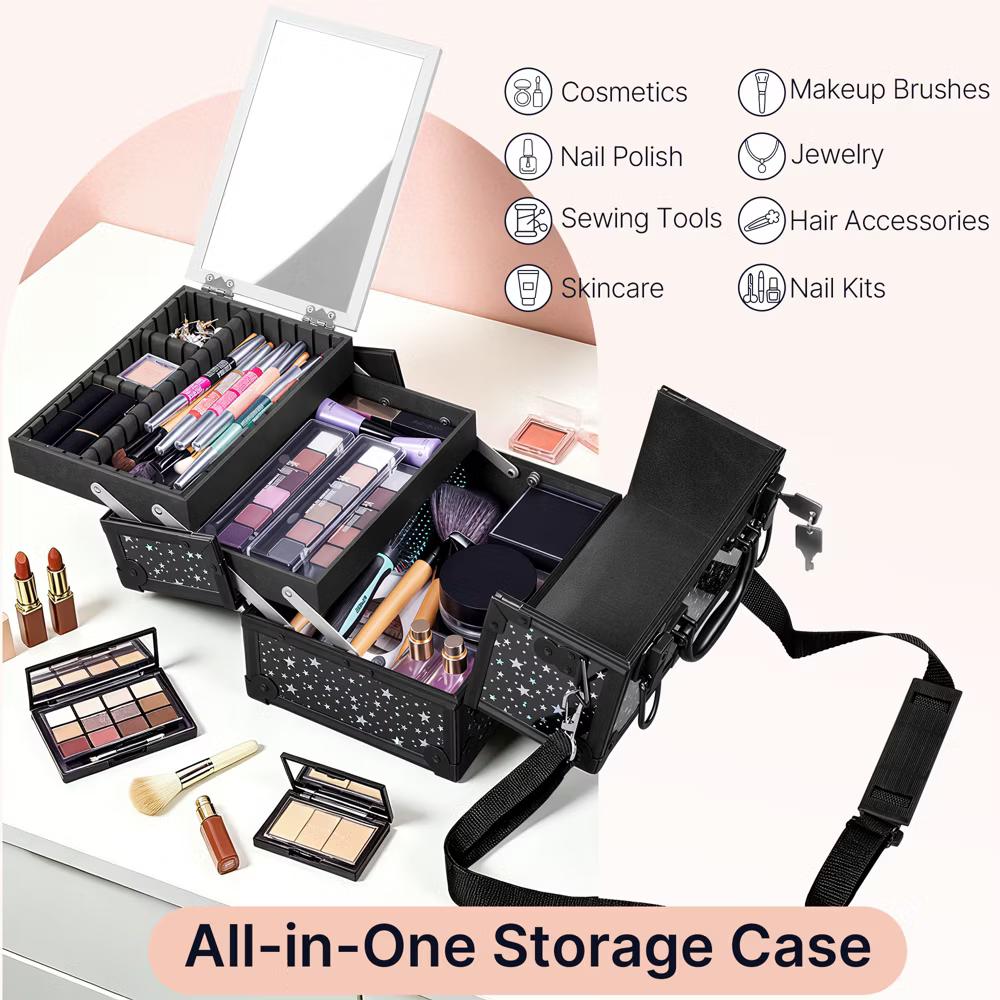Yaheetech Aluminum Portable Makeup Train Case Cosmetic Storage Case with Mirror, Adjustable Dividers - Image 6