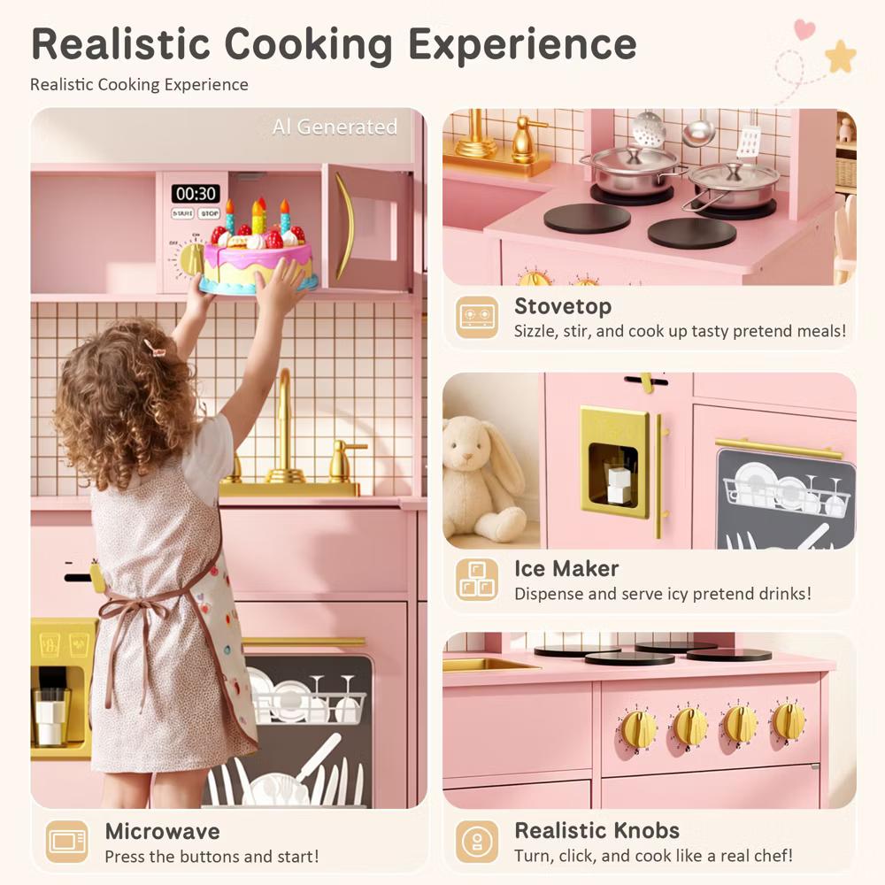 Wooden Play Kitchen with Running Water Sink, Clicking Stove Knobs, Microwave, Oven, Ice Maker & Storage, Ages 3+ - Image 29