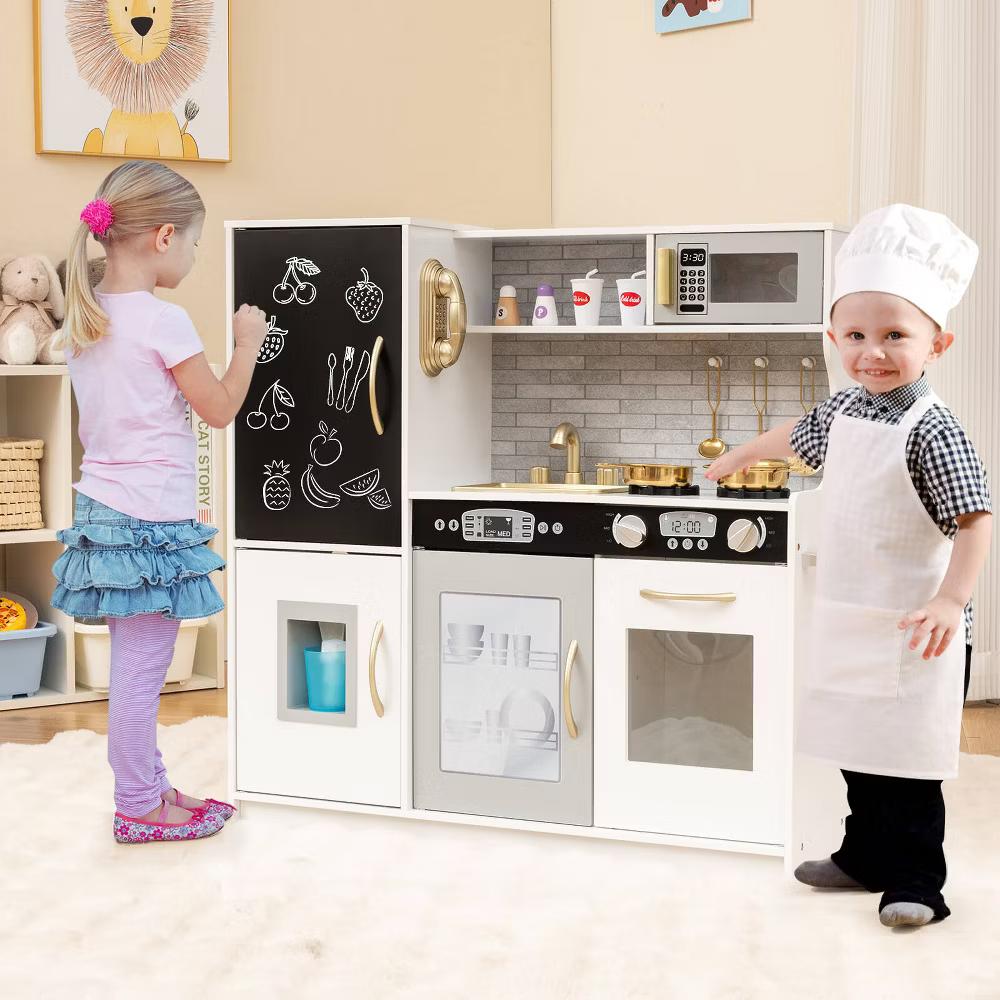 Kid's Pretend Play Kitchen Toddler Kitchen Playset with Blackboard Pink/White/Light Pink/Beige