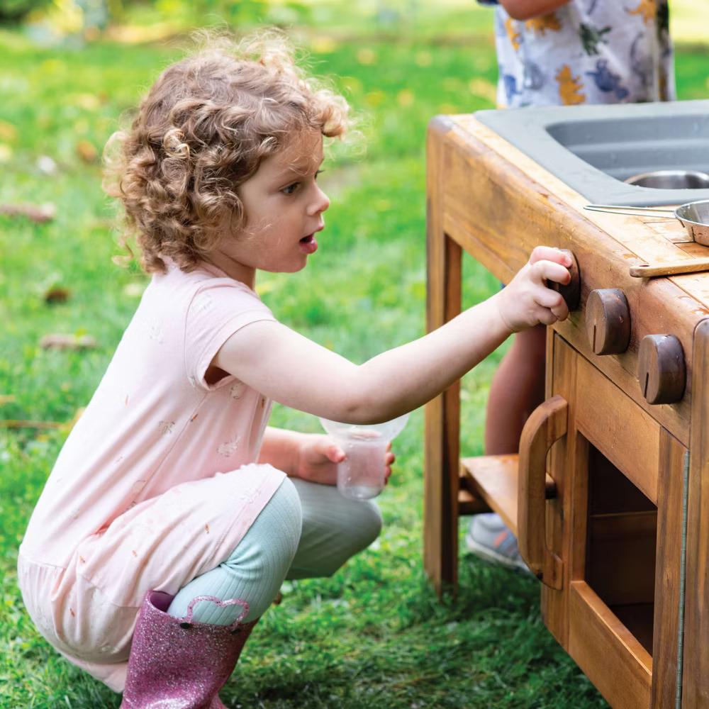 Guidecraft Acadia Kids' Outdoor Mud Kitchen Playset - Pretend Play Kitchen with Sink, Stove, and Accessories | Wooden Backyard Playset - Image 9