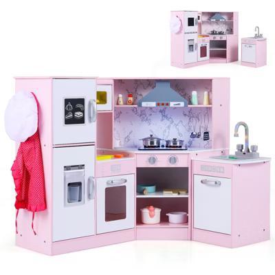 Kids Corner Kitchen Playset Wooden Pretend Play Toy w/ Microwave & Ice Maker - Image 2