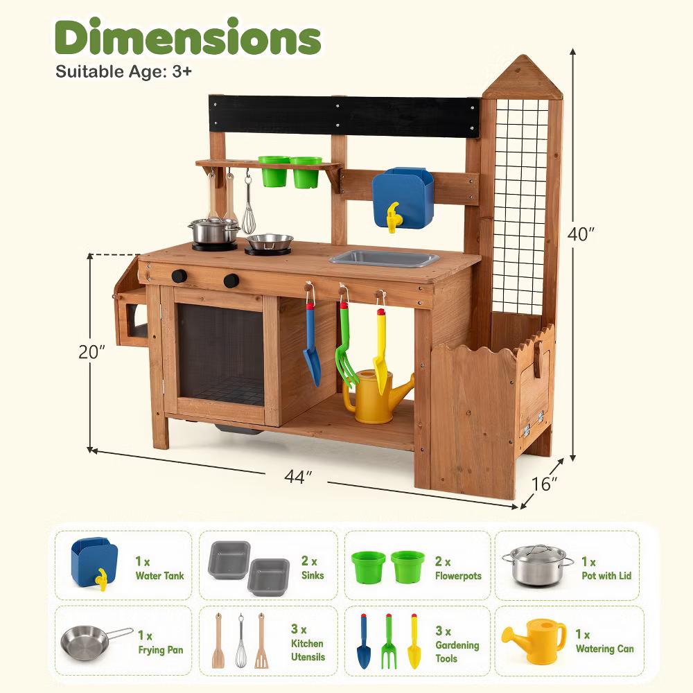 Kids Mud Kitchen with Detachable Bird Cage, Planter, Trellis, 2 Sinks, Stoves - Image 10