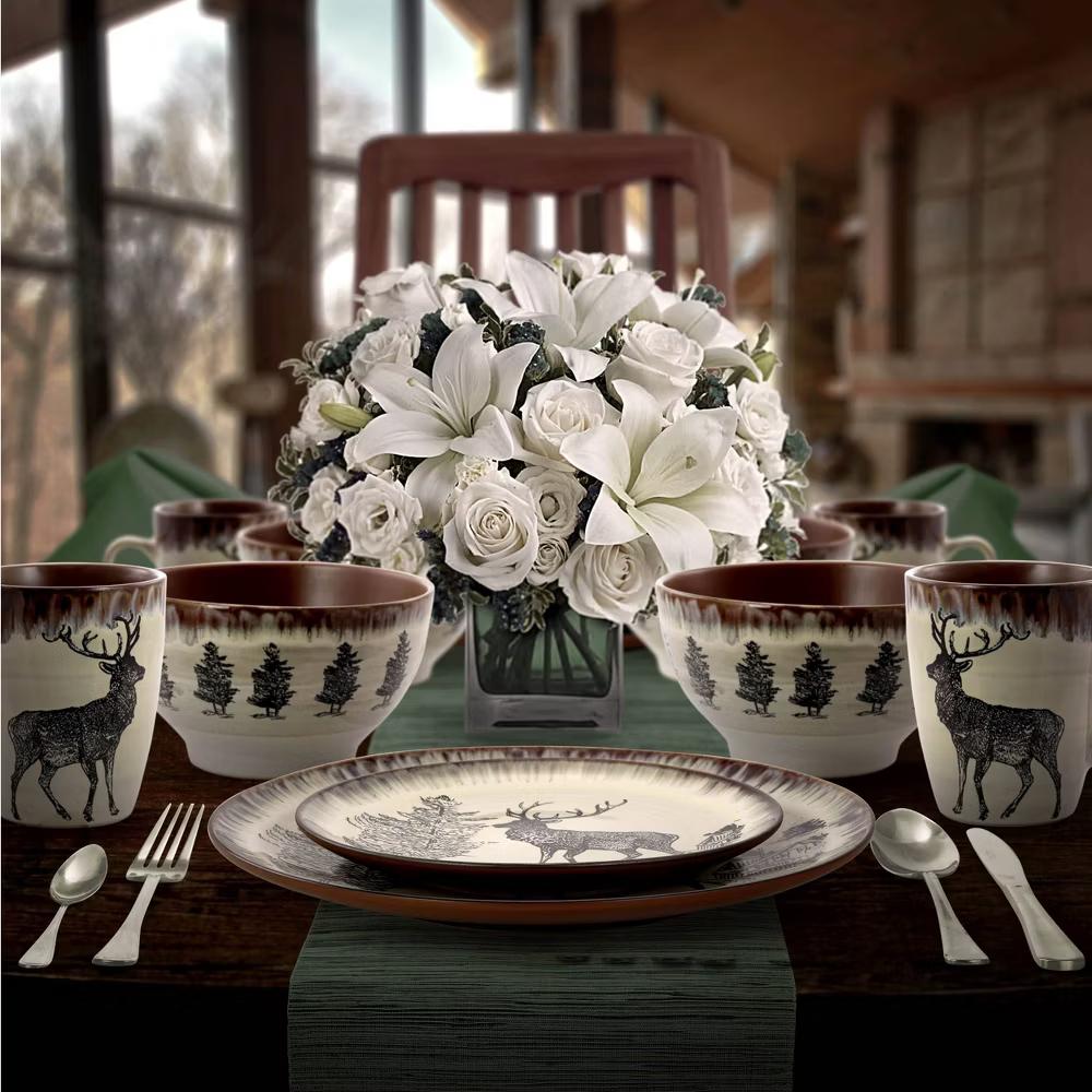 16pc Stoneware Forest Cabin Dinnerware Set Brown - Microwave & Dishwasher Safe, Service for 4, Forest Animals Pattern - Image 5