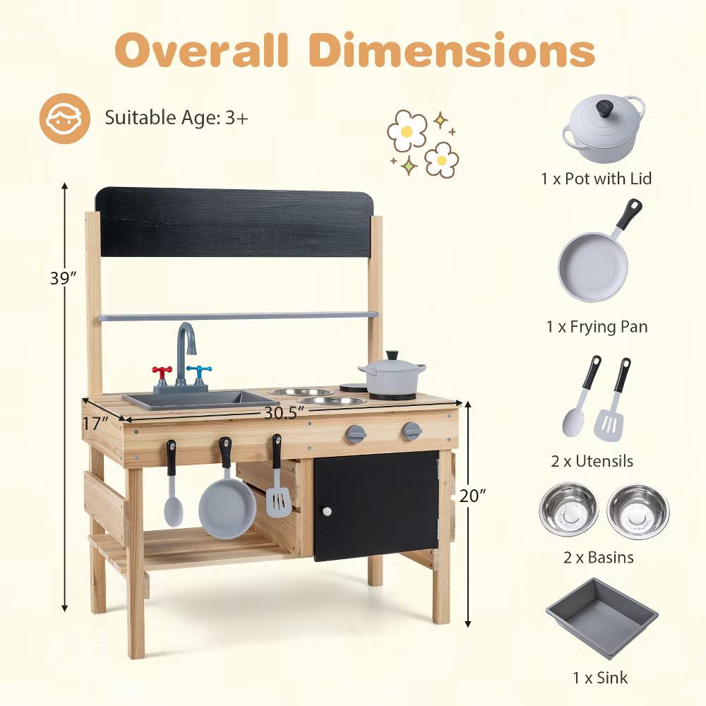 Outdoor Mud Kitchen for Kids, Wooden Play Pretend Kitchen with Cooking Accessories Natural - Image 10