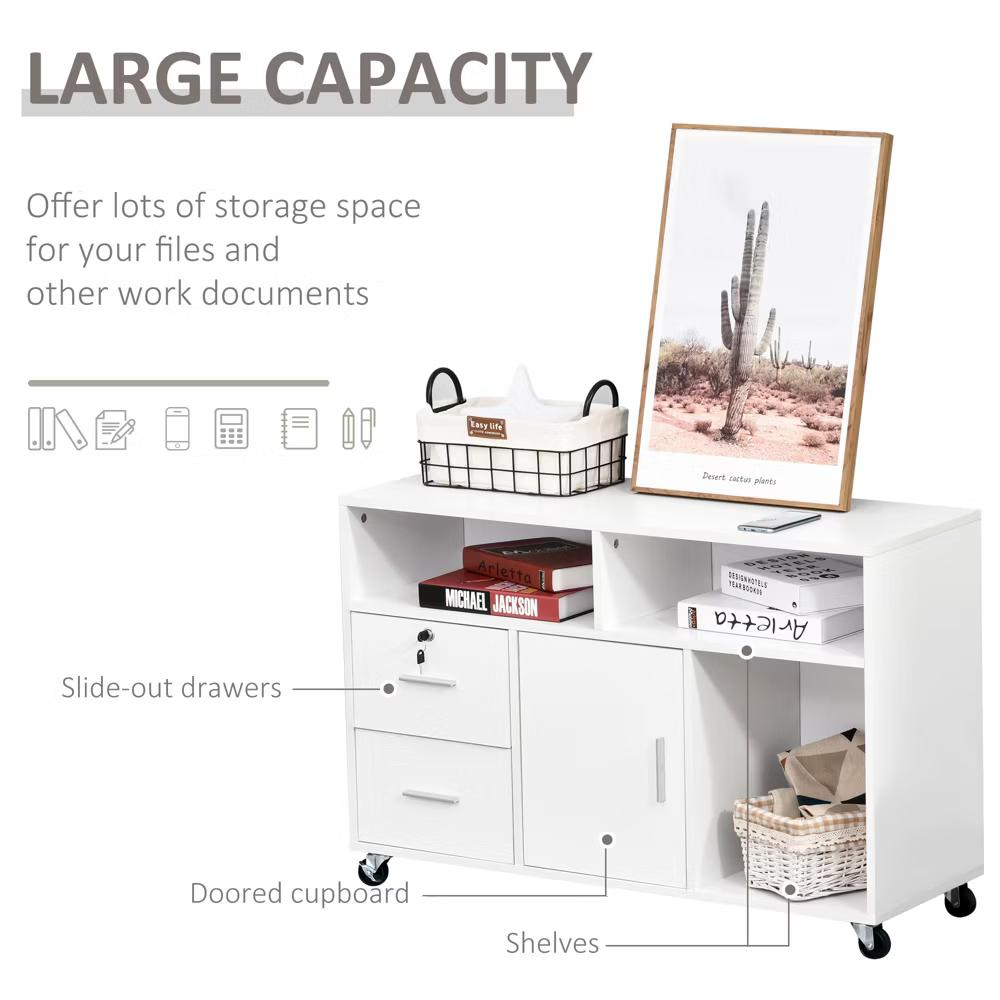HOMCOM Printer Stand Home Office Mobile Cabinet Organizer Desktop with Caster Wheels, 2 Locking Breaks and Drawer - Image 4
