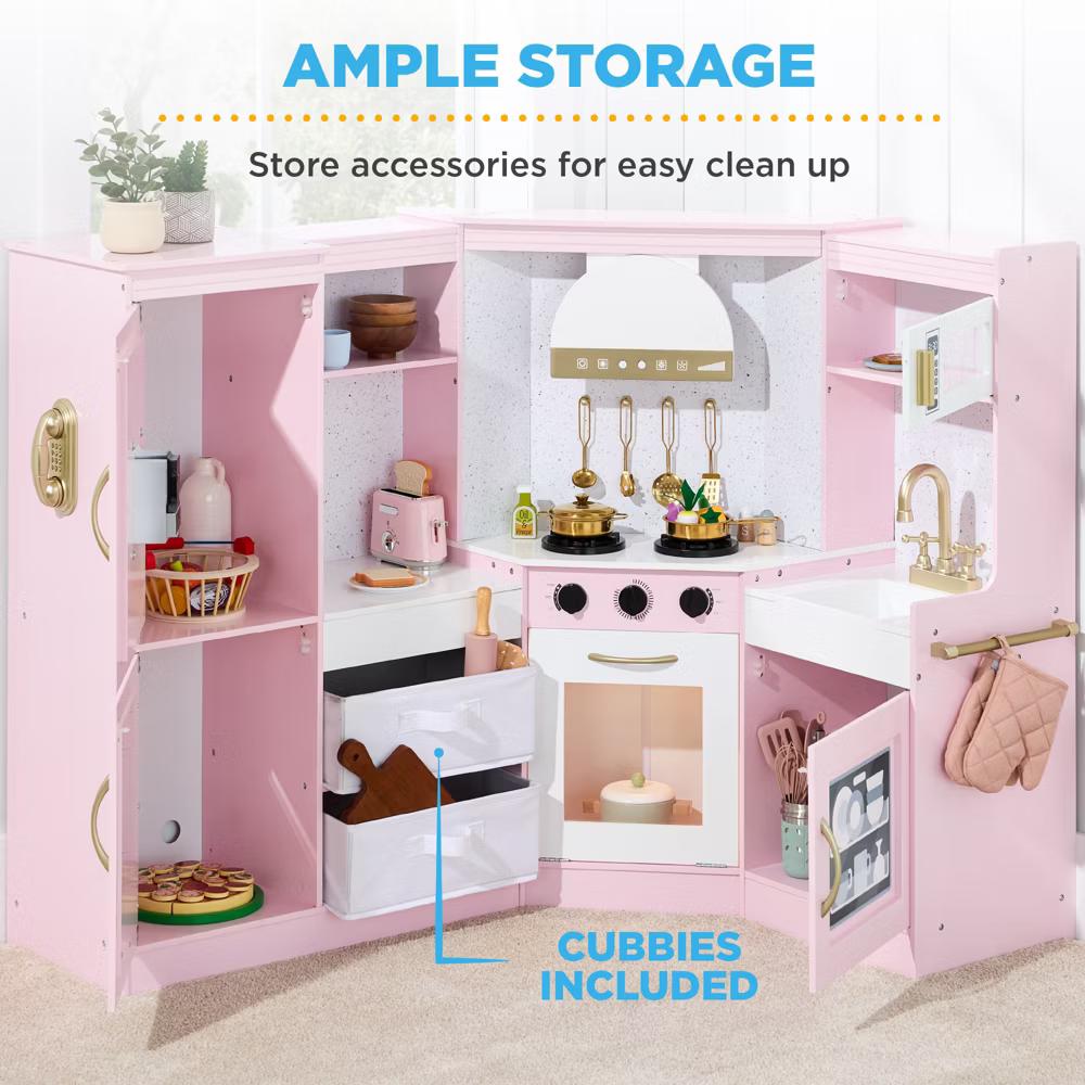 Pretend Play Corner Kitchen, Interactive Wooden Kids Set w/ Lights & Sounds - White - Image 6