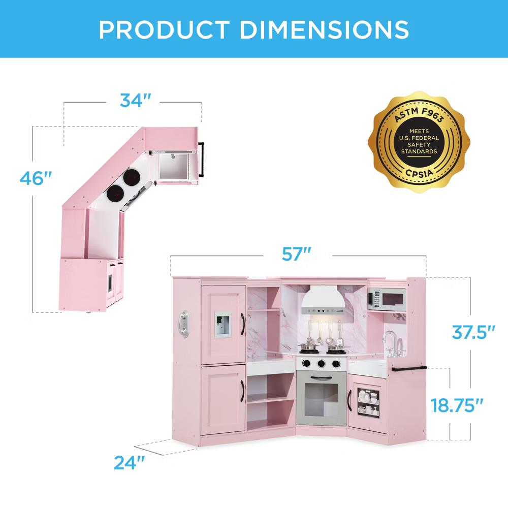 Pretend Play Corner Kitchen, Interactive Wooden Kids Set w/ Lights & Sounds - White - Image 51