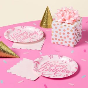 20ct Pink "Happy Birthday" Bows Dinner Paper Plates - "
