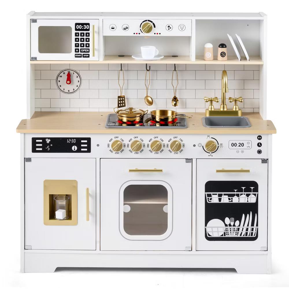 Play Kitchen for Kids, Wooden Kitchen Playset with Realistic Lights & Sounds White/Black - Image 18