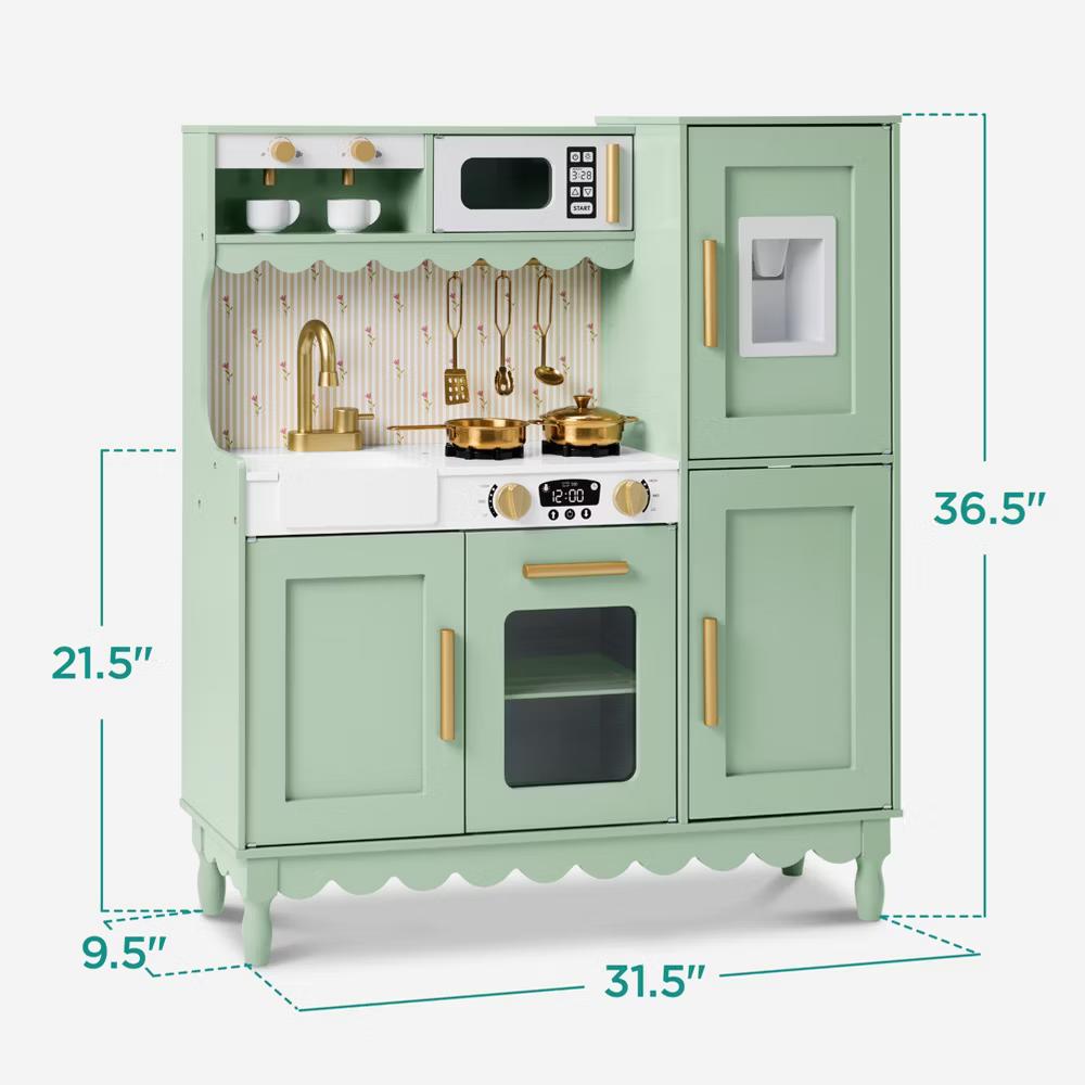 Wooden Cottage Kids Pretend Play Kitchen with 11 Accessories, Espresso Machine - Pink - Image 33