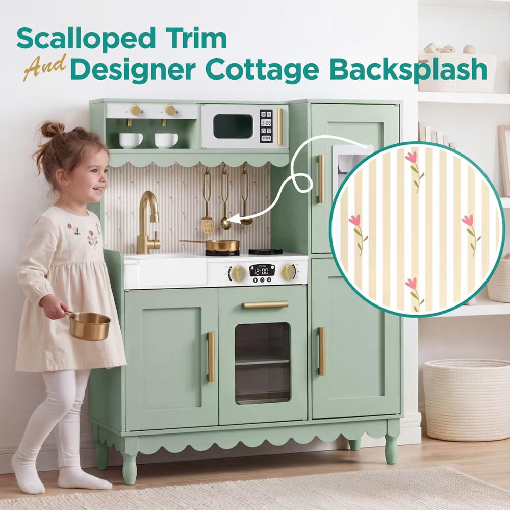 Wooden Cottage Kids Pretend Play Kitchen with 11 Accessories, Espresso Machine - Pink - Image 29