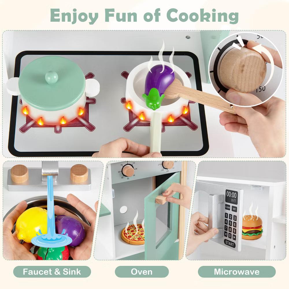 Play Kitchen with Chalkboard Microwave Stove Dish Rack Faucet Sink Accessories White + Natural/Blue/Green + White - Image 3