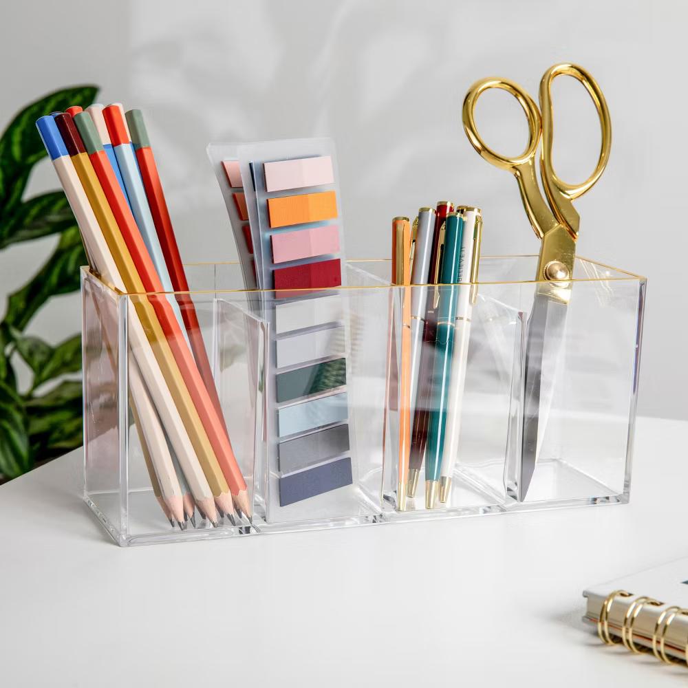Martha Stewart Kerry Plastic 4 Compartment Pen Holder Office Desktop Organizer with Gold Trim - Image 6