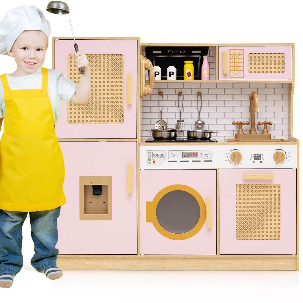 Wooden Kids Kitchen Playset Pretend Play Kitchen with Real Sounds Lights Pink/Yellow