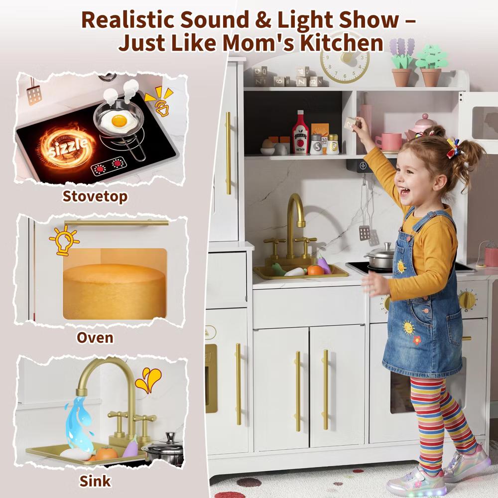 Play Kitchen, Wooden Kids Play Kitchen Playset Pretend Cooking Toy Set with Food & Cookware Accessories, Toddler Kitchen Playset for Ages 3+ - Image 7