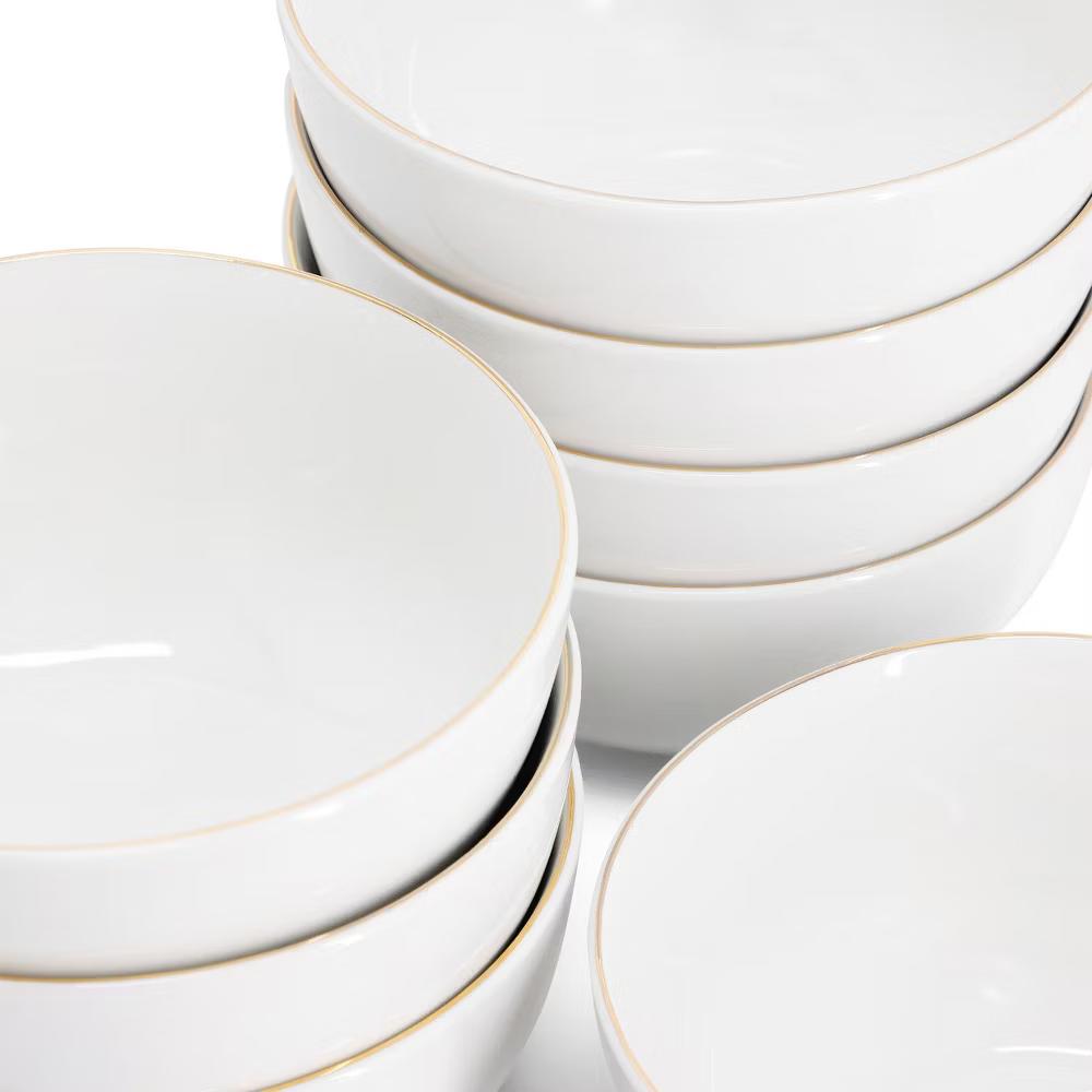 Ogalla 8 Piece Fine Ceramic 6 Inch 22 Ounce Cereal Bowl Set in White with Gold Rim - Image 3