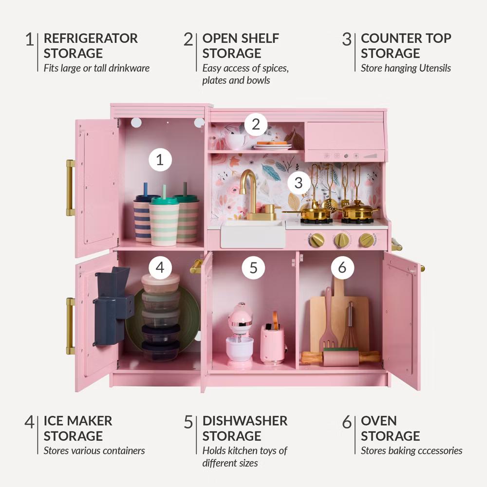 Pretend Play Kitchen with Framed Chalkboard - Pink with Flower Drawing - Image 4