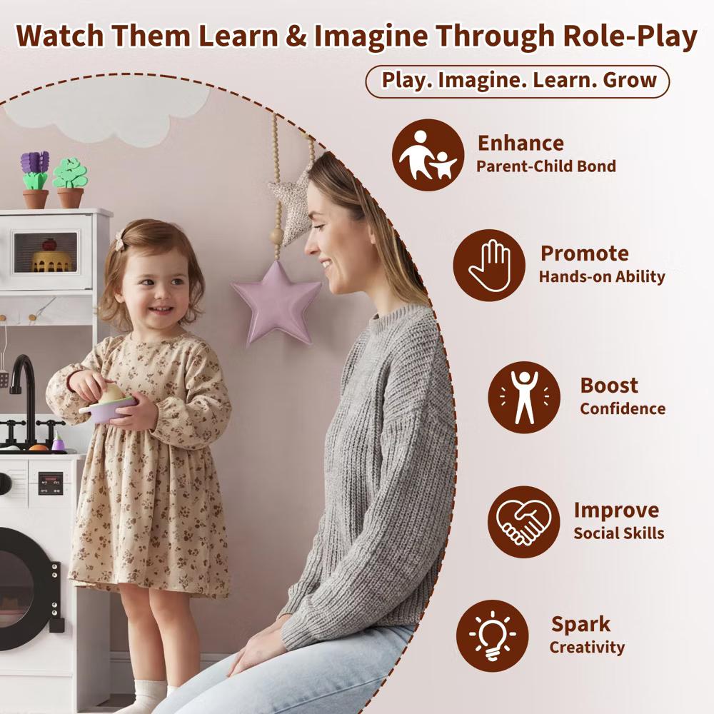 Wooden Play Kitchen for Kids, Wooden Kids Play Kitchen Playset with Lights Sounds, Toddler Pretend Cooking Set with Toy Food Cookware Accessories - Image 13