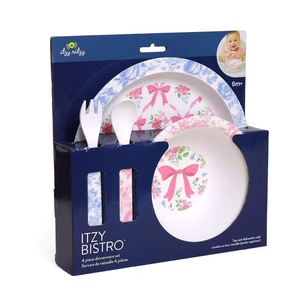 4pc Melamine Itzy Bistro Toddler Feeding Dining Set, Plate, Bowl, Fork and Spoon - Image 4