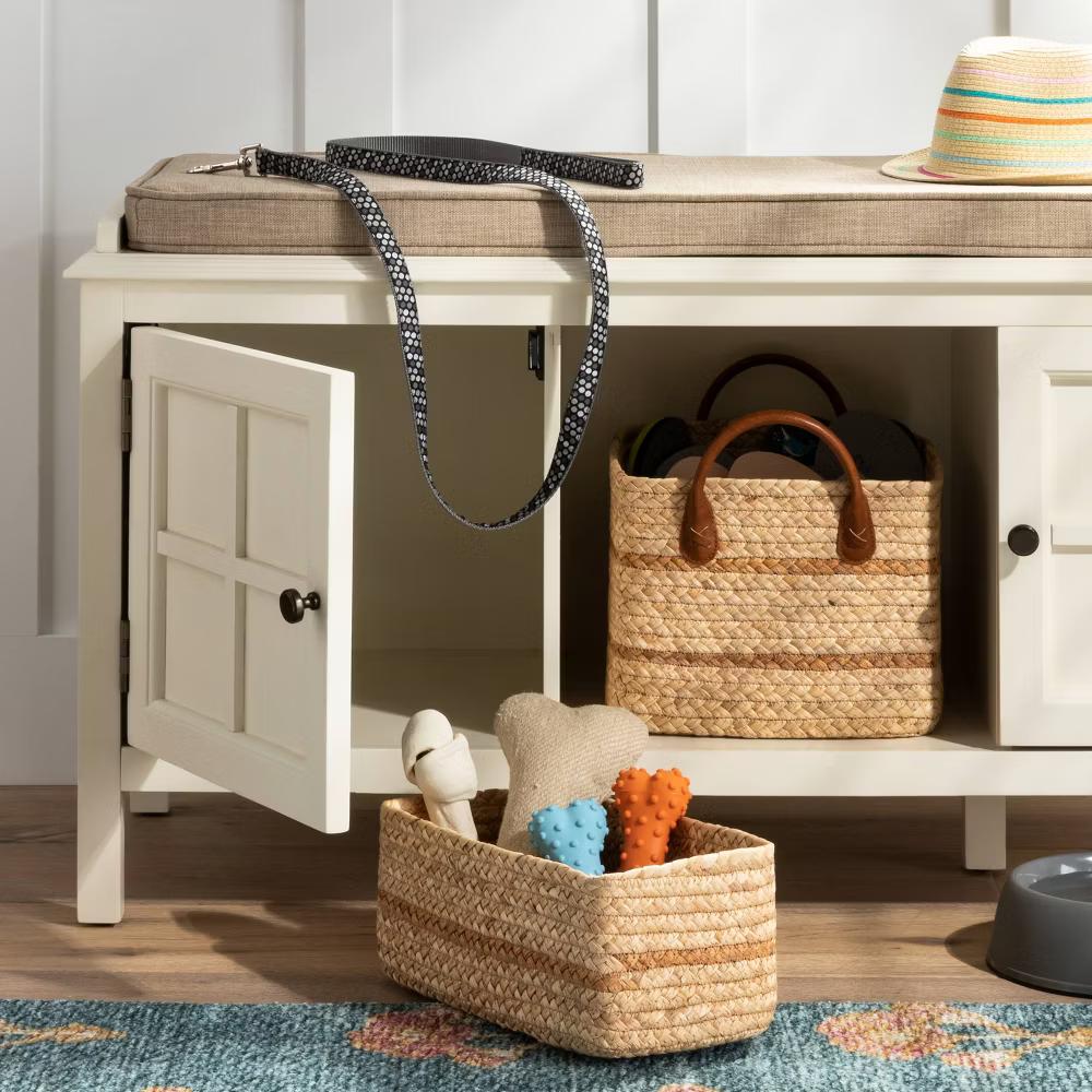 Braided Water Hyacinth Basket with Faux Leather Handles - Image 7