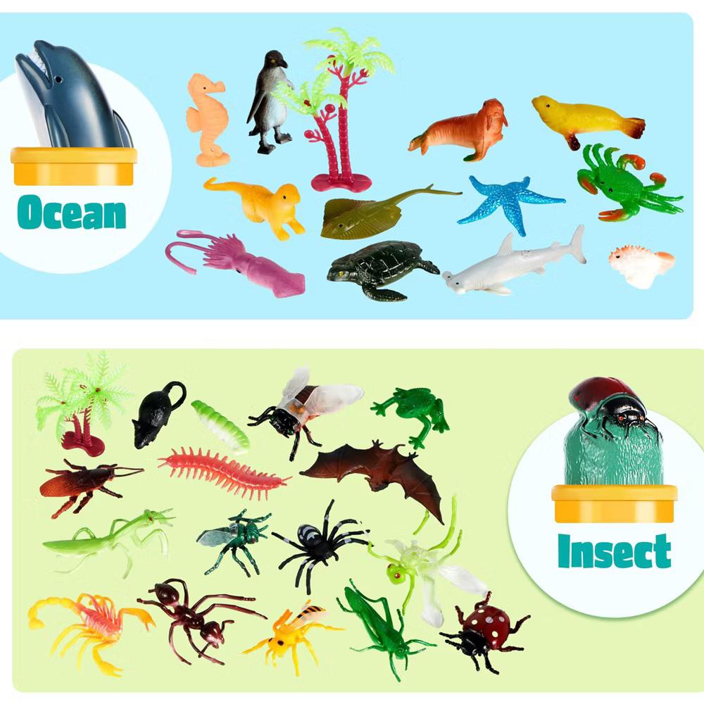 69Pcs Mini Animal Figurine Set - Realistic Jungle, Zoo, Ocean & Farm Animal Toys with Sensory Bin, Christmas Birthday Gift for Kids Ages 3-5