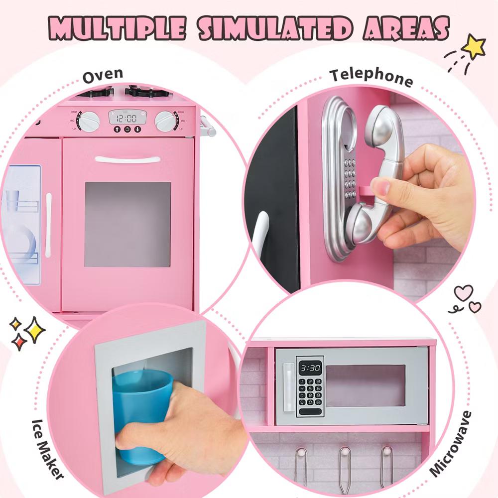 Kid's Pretend Play Kitchen Toddler Kitchen Playset with Blackboard Pink/White/Light Pink/Beige - Image 66