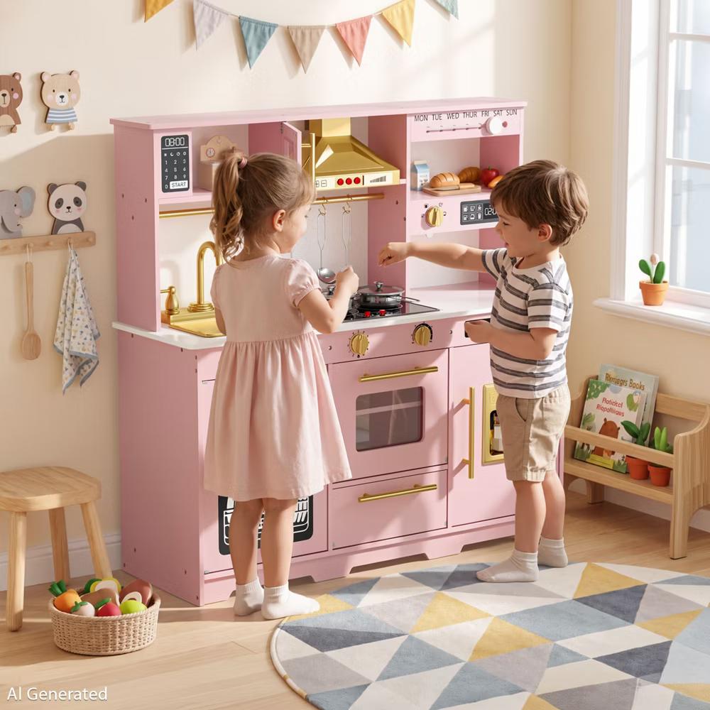 Wooden Play Kitchen for Kids with Running Water Sink, Interactive Stove, Ice Maker, Microwave, Oven & Dishwasher, Ages 3+ - Image 60