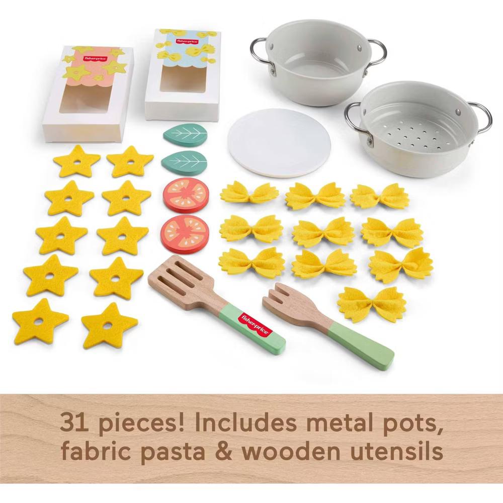 Fisher-Price Pots & Pasta Chef Set Cooking Toy with Wooden Food for Pretend Play 31pc - Image 5