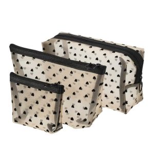 Nylon Heart Shape Print Mesh Clear Makeup Bags 3 Pcs