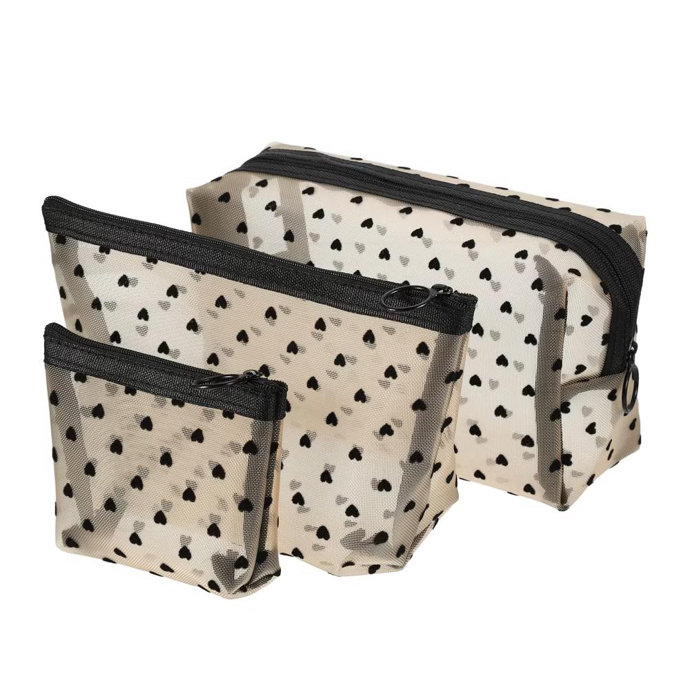 Nylon Heart Shape Print Mesh Clear Makeup Bags 3 Pcs