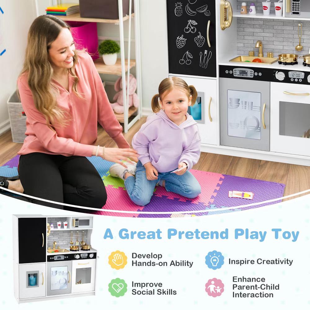 Kid's Pretend Play Kitchen Toddler Kitchen Playset with Blackboard Pink/White/Light Pink/Beige - Image 10