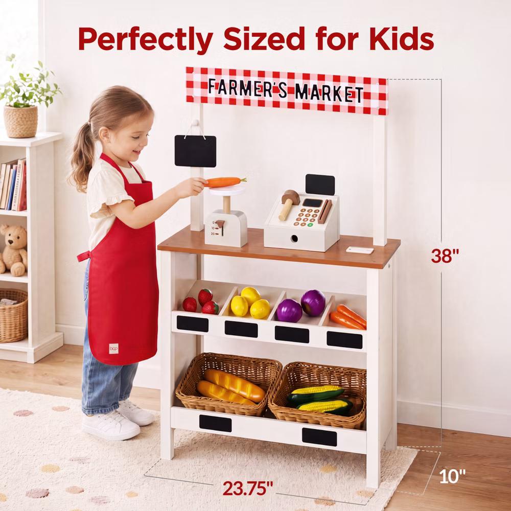 Wooden Farmers Market Stand for Kids with 22 Play Food Accessories, Pretend Grocery Store - Image 2