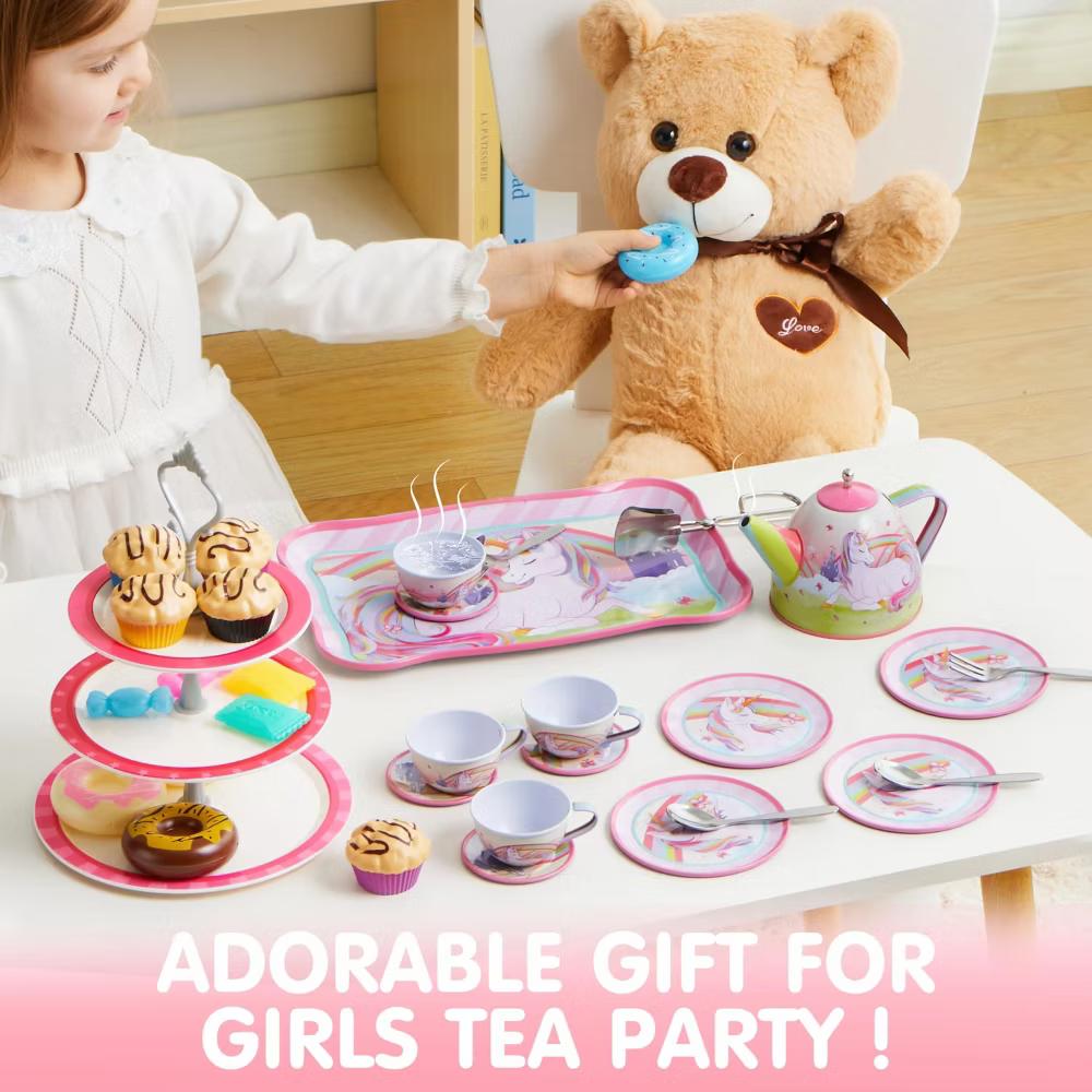 35Pcs Unicorn Tea Party Set for Little Girls, Pretend Tin Teapot Set, Princess Tea Time Play Kitchen Toy for Birthday Gifts Kids Toddlers Age 3 4 5 6 - Image 4