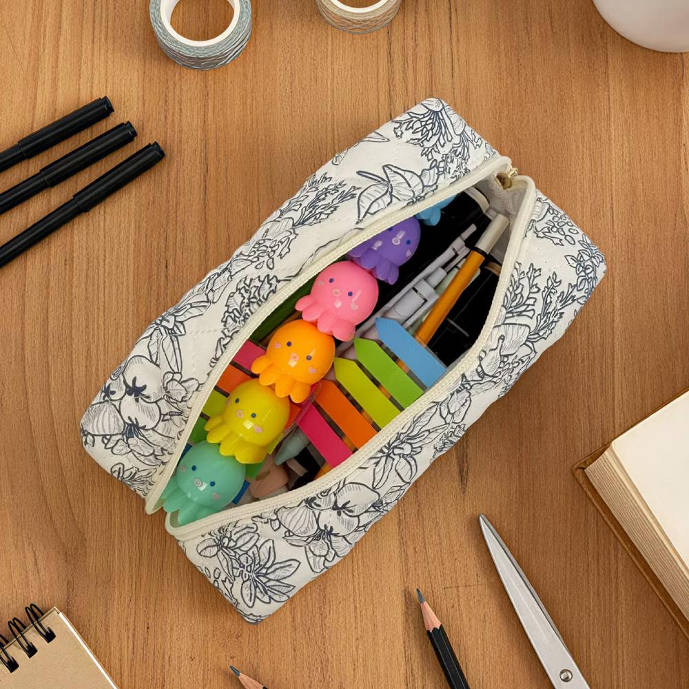 Floral Quilted Makeup Bag, Cosmetic Toiletry Travel Bag, Pencil Pouch - Image 4