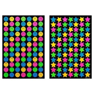 Bright Neon Smiley Faces and Star Stickers 672ct - 8 Sheets