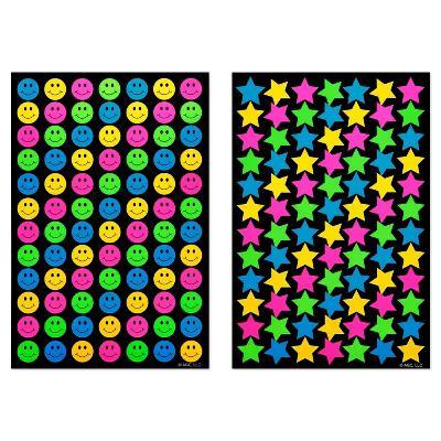 Bright Neon Smiley Faces and Star Stickers 672ct - 8 Sheets