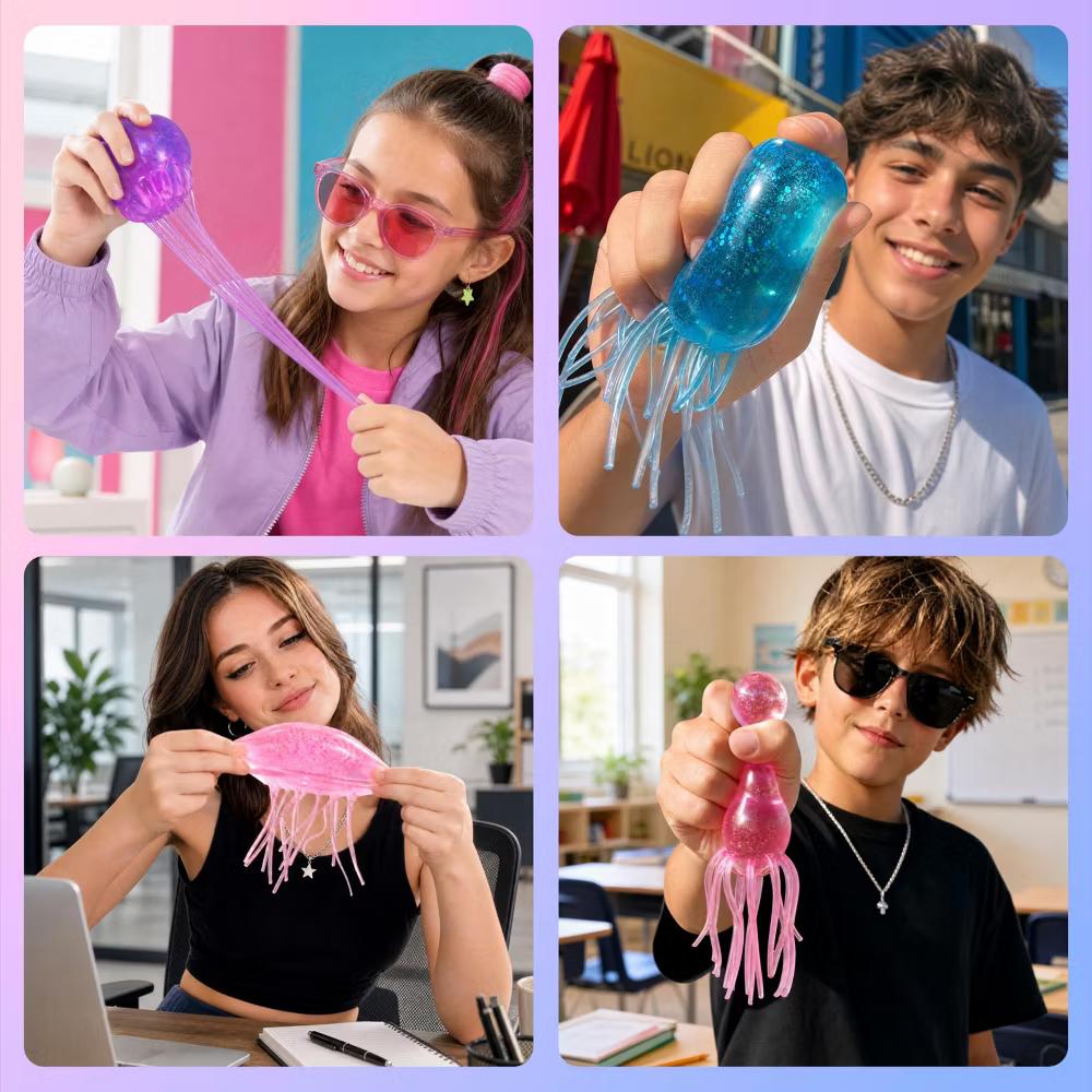 3-Pack Jellyfish Squishy Sensory Squeeze Toys, Stress Relief Anxiety Fidget Toy, Summer Party Favors & Birthday Gifts for Kids Adults