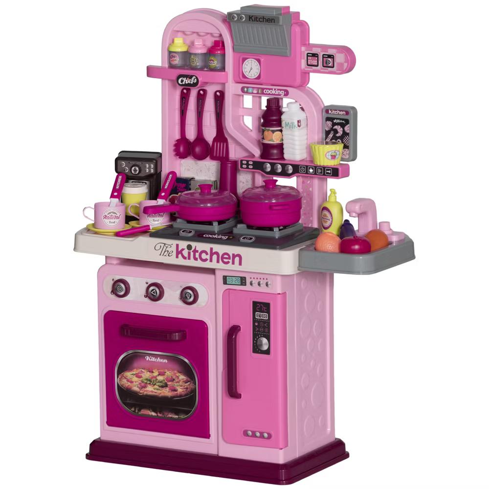 Qaba Play Kitchen, Kids Kitchen Playset, Toy Kitchen with Lights, Sounds, 33 Accessories, Storage, Interactive Playset for Toddler 3-6 Years