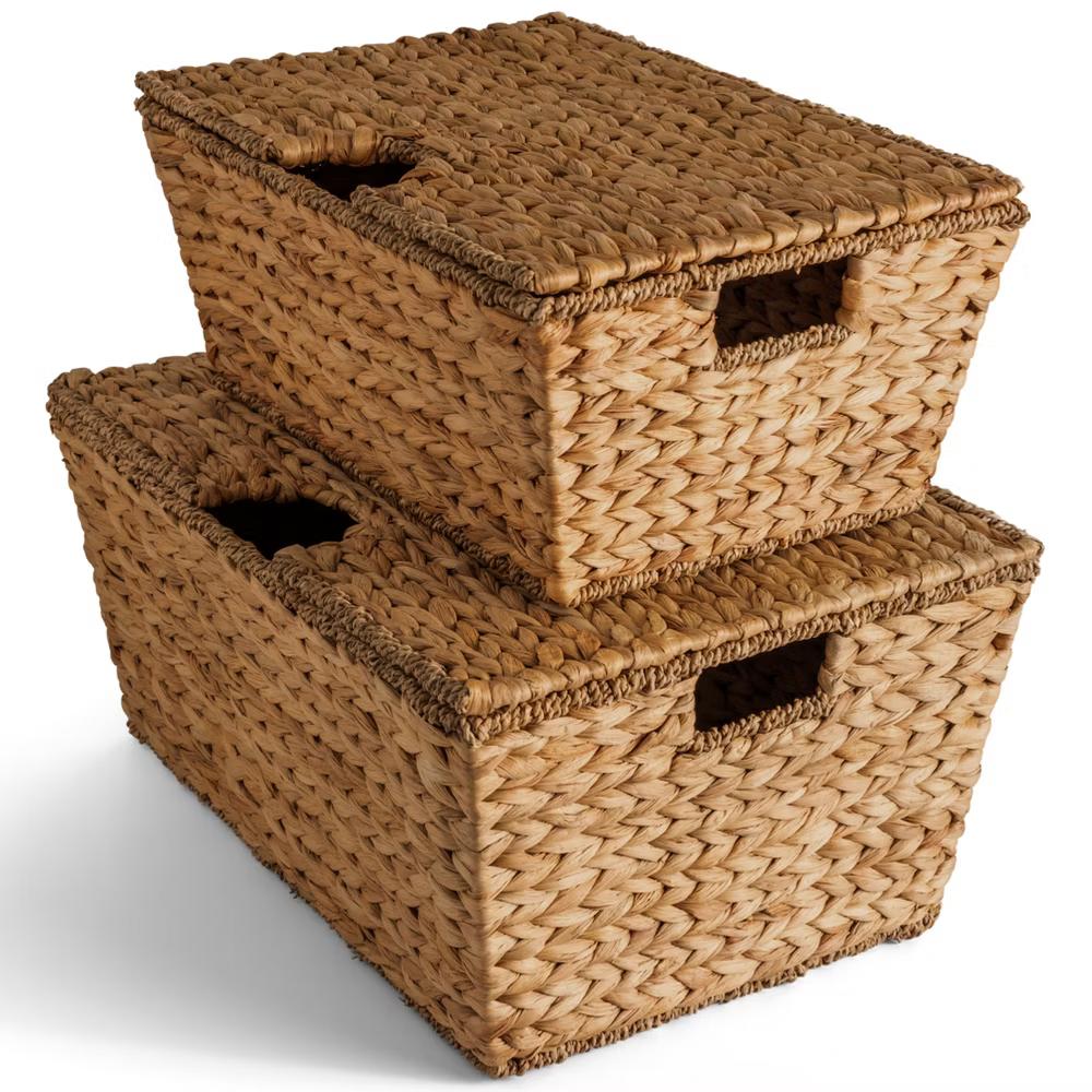 Set of 2 X-Large & Medium Woven Storage Baskets W/Lids, Hyacinth Nesting Organizer Bins - Natural - Image 10