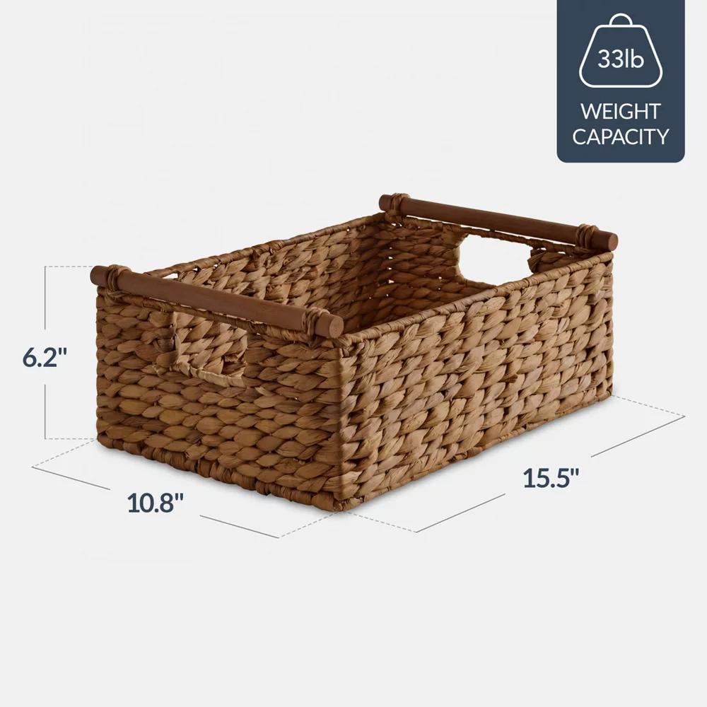 Wicker Storage Basket, Shelf Basket w/ Wooden Handles, Rectangular Storage Bin - Natural - Image 8