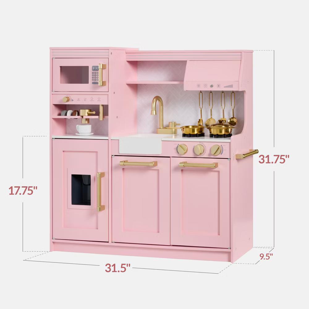 Wooden Toddler Kitchen Playset with Espresso Machine, Toy Storage and 17 Accessories - Pink - Image 5