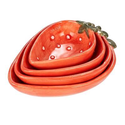 Storied Home Hand-Painted Strawberry Stoneware Measuring Cups, Red and White, Set of 4