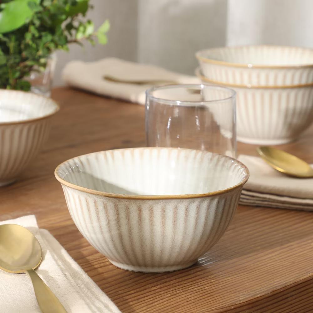 Cereal Bowls Set of 4, 6-Inch Stoneware Soup Bowls, Reactive Glaze Ribbed Bowl Set - Image 12